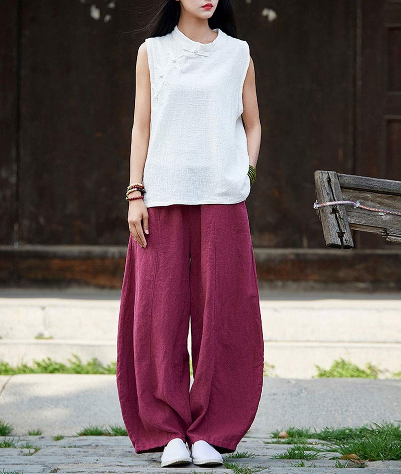 IXIMO Women's Casual Cotton Linen Baggy Pants with Elastic Waist Relax Fit Lantern Trousers Burgundy L - Image 4